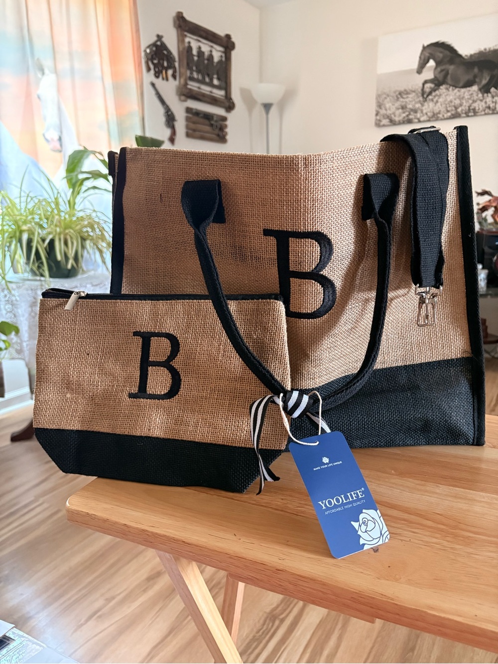 Black & Natural Jute Tote Bag with Matching Pouch